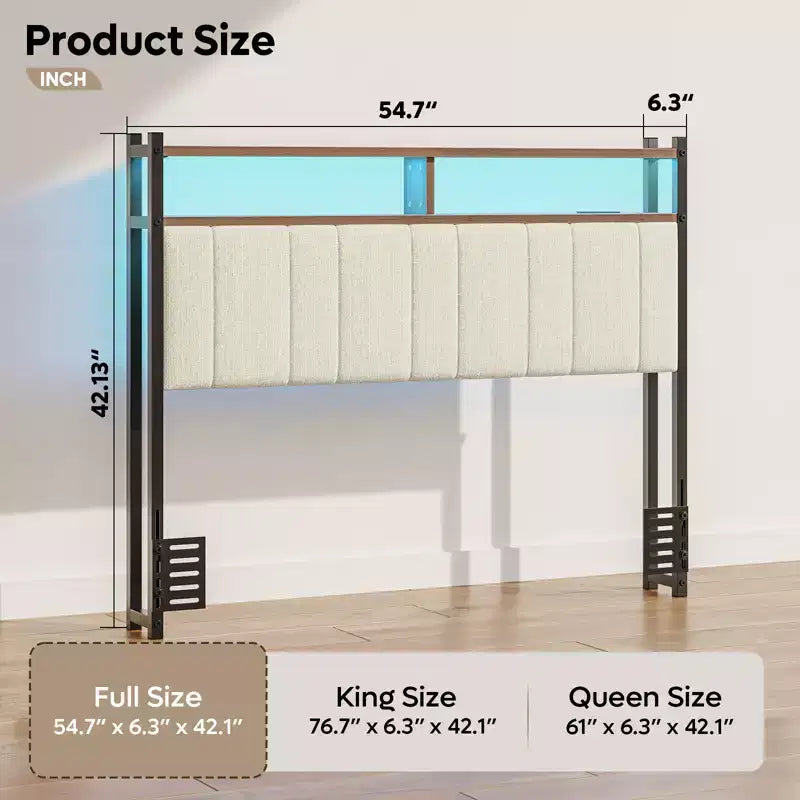Tête de lit pour lit double/Queen/King avec rangement, tête de lit rembourrée en lin avec lumières LED et ports de charge