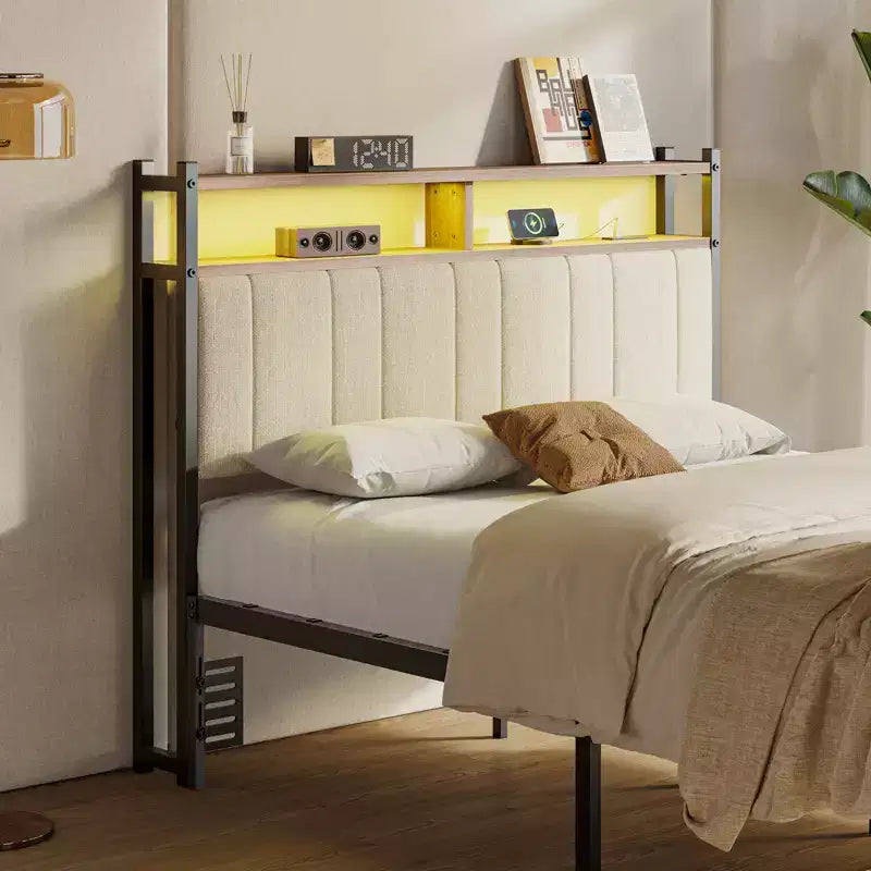 Tête de lit pour lit double/Queen/King avec rangement, tête de lit rembourrée en lin avec lumières LED et ports de charge