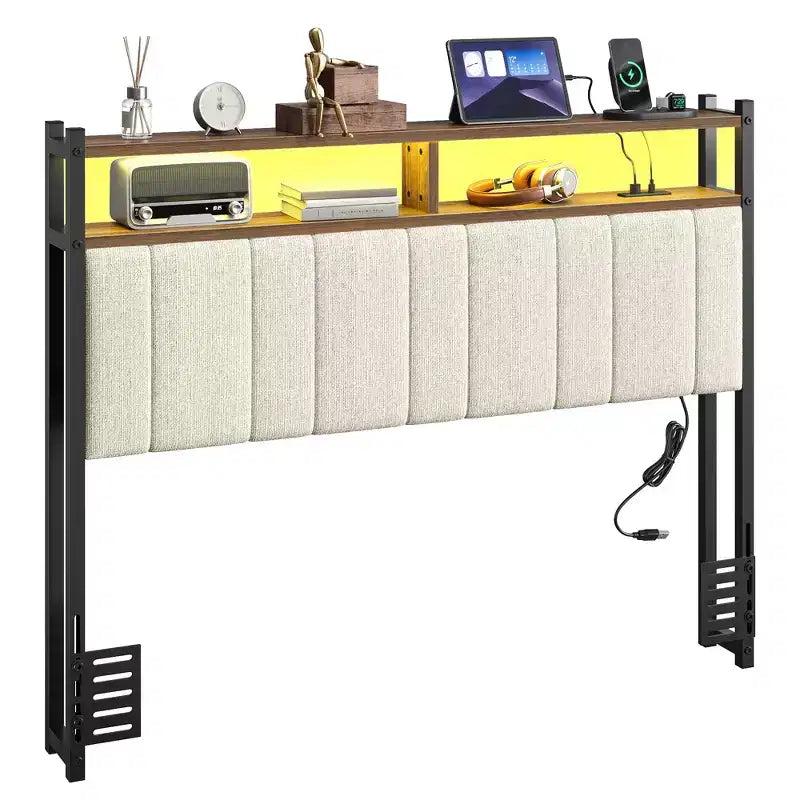Tête de lit pour lit double/Queen/King avec rangement, tête de lit rembourrée en lin avec lumières LED et ports de charge