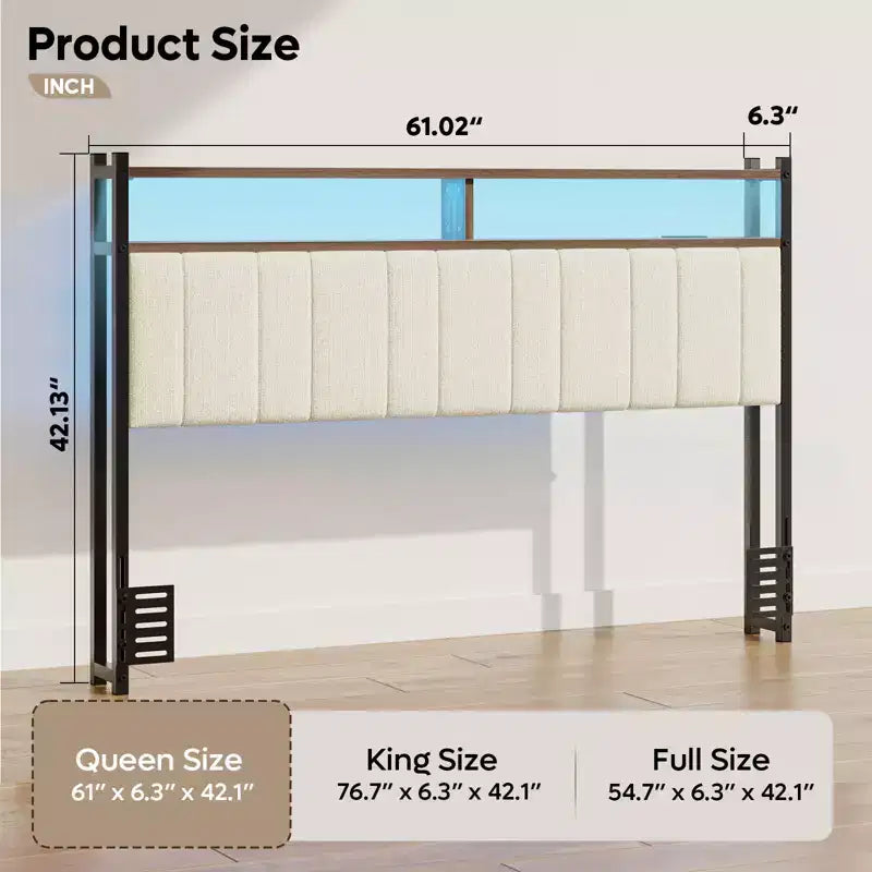 Tête de lit pour lit double/Queen/King avec rangement, tête de lit rembourrée en lin avec lumières LED et ports de charge