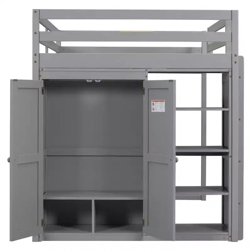 Lit mezzanine en bois pleine grandeur avec armoire intégrée, étagères de rangement et éclairage LED, blanc//gris