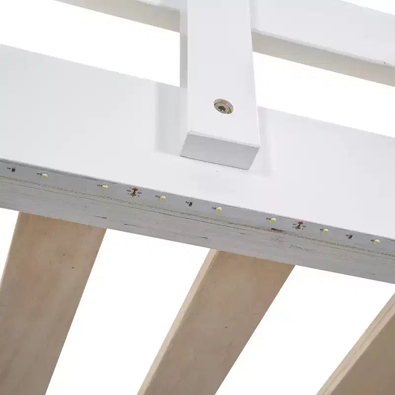 Lit mezzanine en bois pleine grandeur avec armoire intégrée, étagères de rangement et éclairage LED, blanc//gris