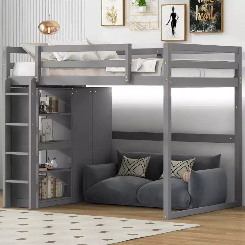 Lit mezzanine en bois pleine grandeur avec armoire intégrée, étagères de rangement et éclairage LED, blanc//gris