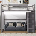 Lit mezzanine en bois pleine grandeur avec armoire intégrée, étagères de rangement et éclairage LED, blanc//gris