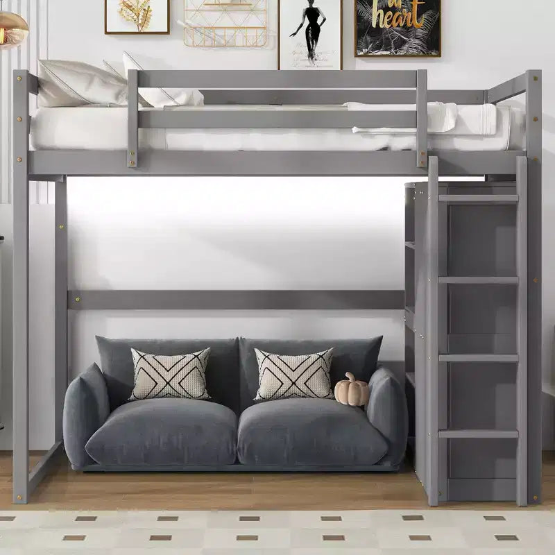 Lit mezzanine en bois pleine grandeur avec armoire intégrée, étagères de rangement et éclairage LED, blanc//gris
