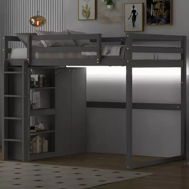 Lit mezzanine en bois pleine grandeur avec armoire intégrée, étagères de rangement et éclairage LED, blanc//gris