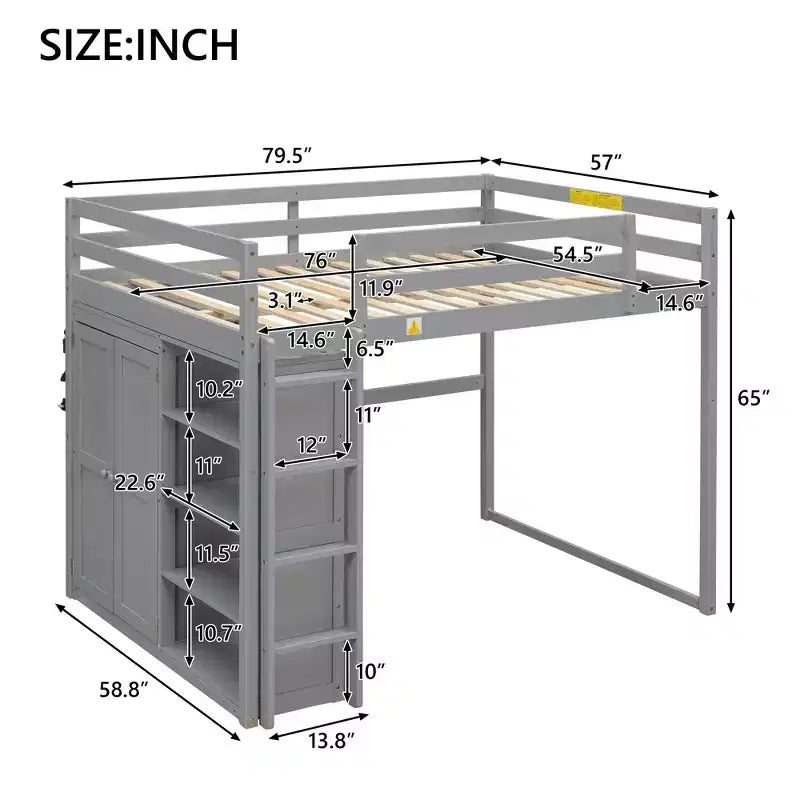 Lit mezzanine en bois pleine grandeur avec armoire intégrée, étagères de rangement et éclairage LED, blanc//gris