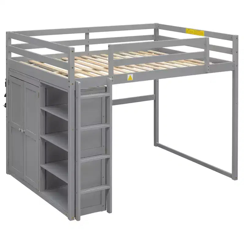 Lit mezzanine en bois pleine grandeur avec armoire intégrée, étagères de rangement et éclairage LED, blanc//gris