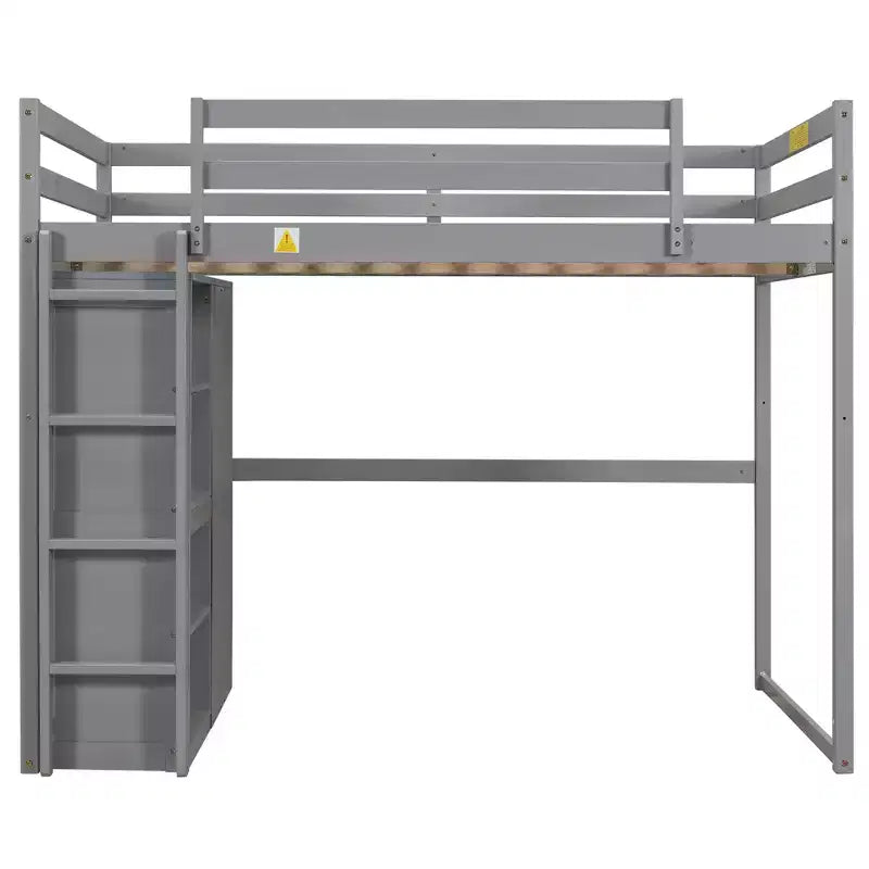 Lit mezzanine en bois pleine grandeur avec armoire intégrée, étagères de rangement et éclairage LED, blanc//gris