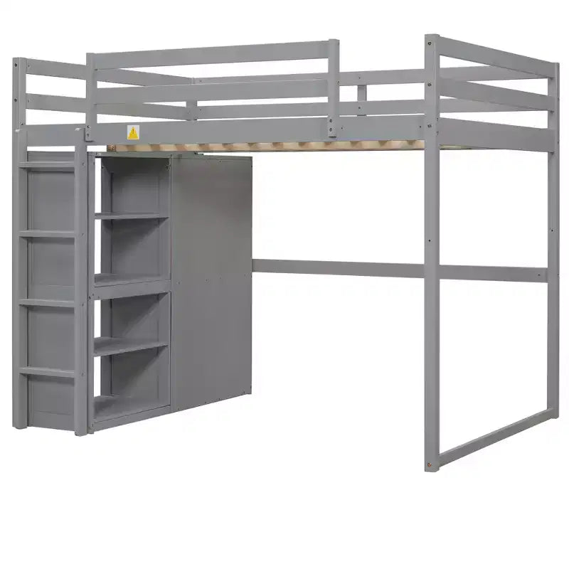 Lit mezzanine en bois pleine grandeur avec armoire intégrée, étagères de rangement et éclairage LED, blanc//gris