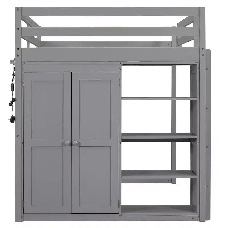 Lit mezzanine en bois pleine grandeur avec armoire intégrée, étagères de rangement et éclairage LED, blanc//gris