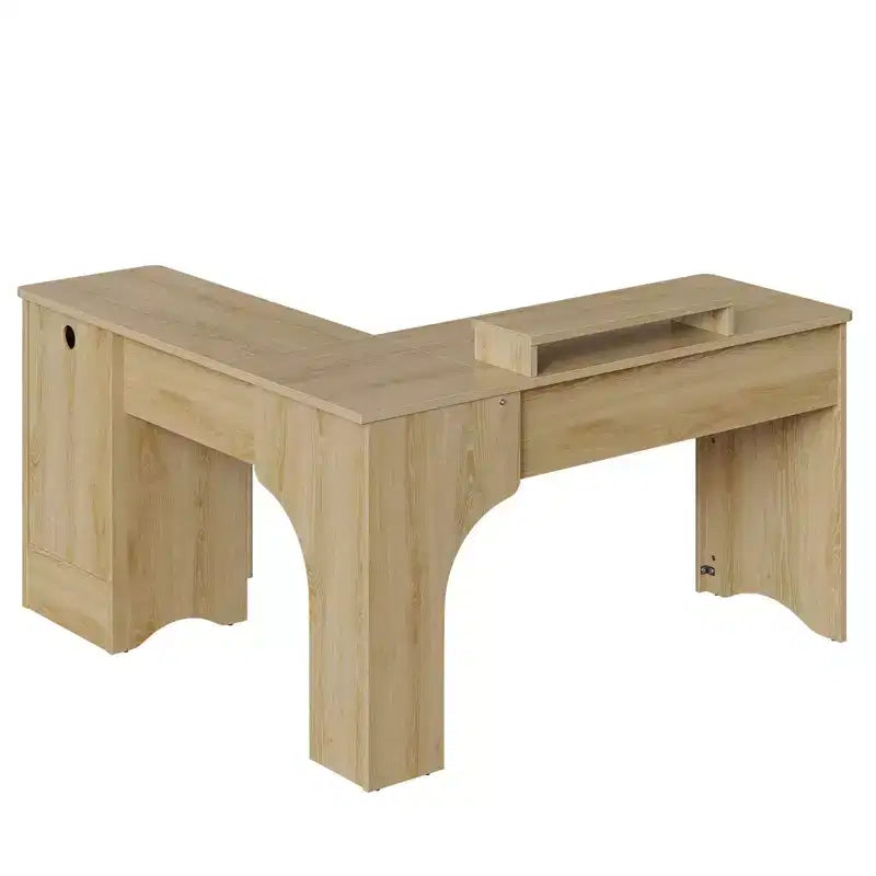 Bureau d'angle en L de 55 pouces avec tiroirs, bureau d'ordinateur de bureau avec coins arrondis, support d'écran et panneaux cannelés, blanc et noyer