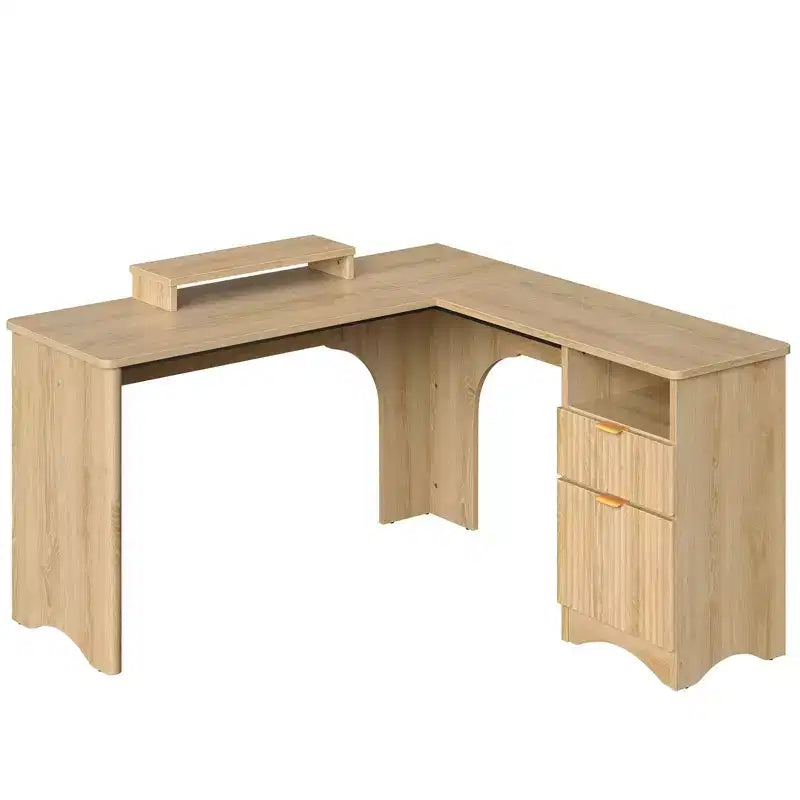 Bureau d'angle en L de 55 pouces avec tiroirs, bureau d'ordinateur de bureau avec coins arrondis, support d'écran et panneaux cannelés, blanc et noyer