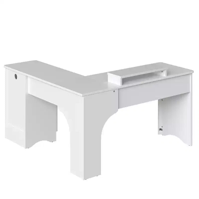Bureau d'angle en L de 55 pouces avec tiroirs, bureau d'ordinateur de bureau avec coins arrondis, support d'écran et panneaux cannelés, blanc et noyer