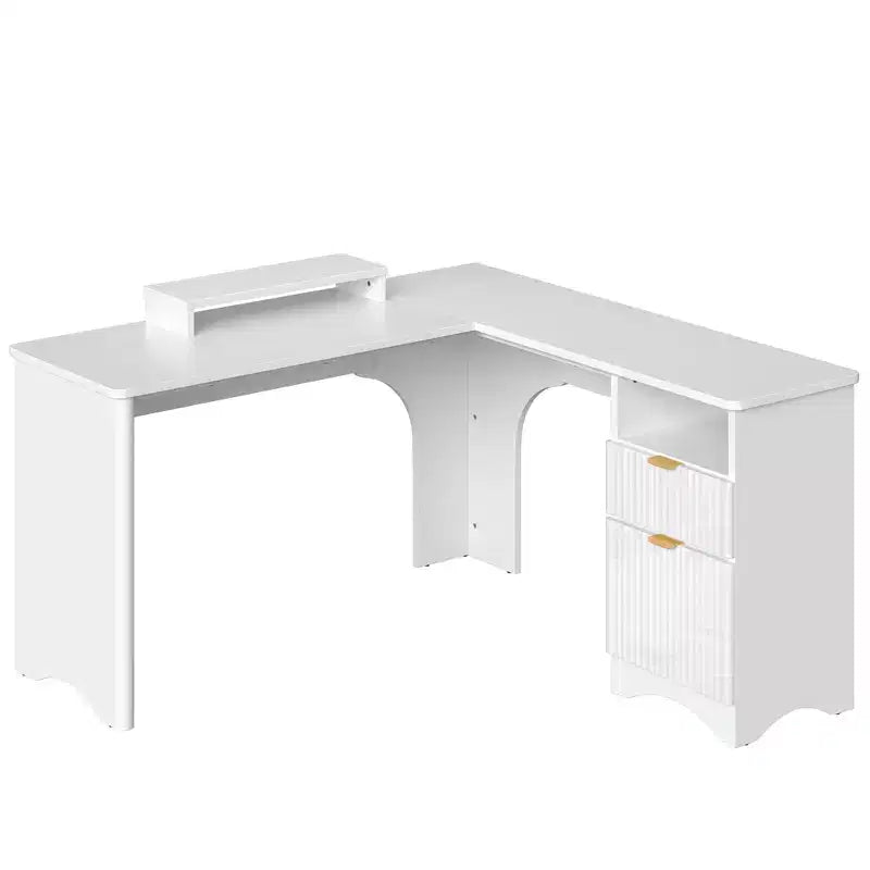 Bureau d'angle en L de 55 pouces avec tiroirs, bureau d'ordinateur de bureau avec coins arrondis, support d'écran et panneaux cannelés, blanc et noyer