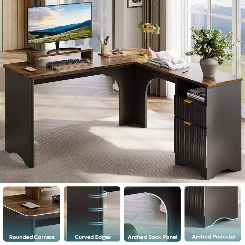 Bureau d'angle en L de 55 pouces avec tiroirs, bureau d'ordinateur de bureau avec coins arrondis, support d'écran et panneaux cannelés, blanc et noyer