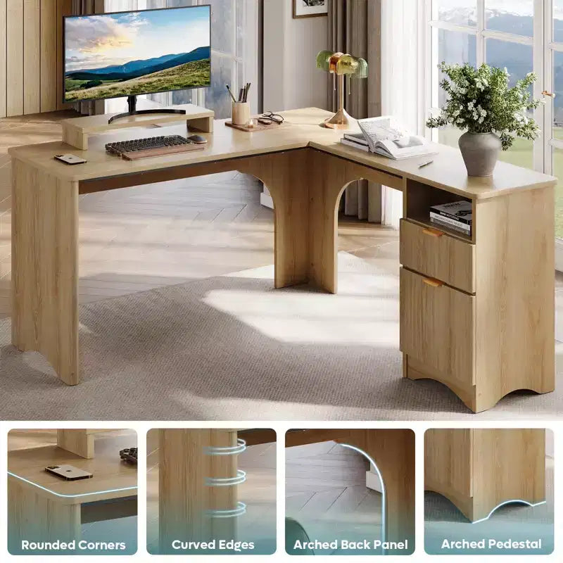 Bureau d'angle en L de 55 pouces avec tiroirs, bureau d'ordinateur de bureau avec coins arrondis, support d'écran et panneaux cannelés, blanc et noyer