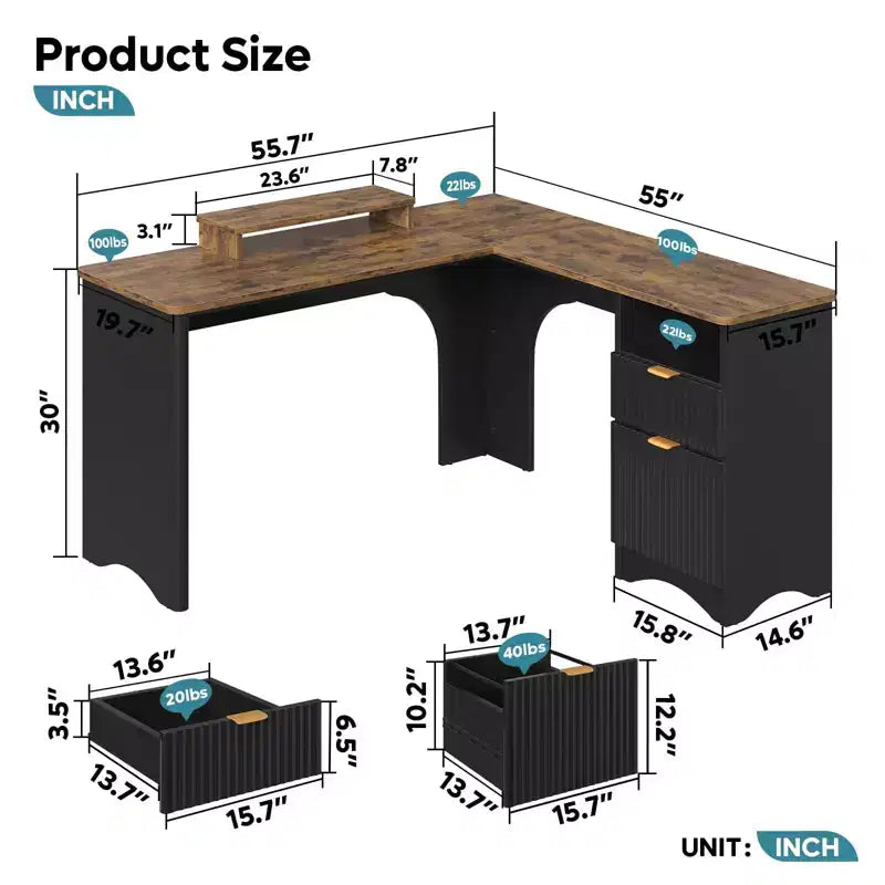 Bureau d'angle en L de 55 pouces avec tiroirs, bureau d'ordinateur de bureau avec coins arrondis, support d'écran et panneaux cannelés, blanc et noyer