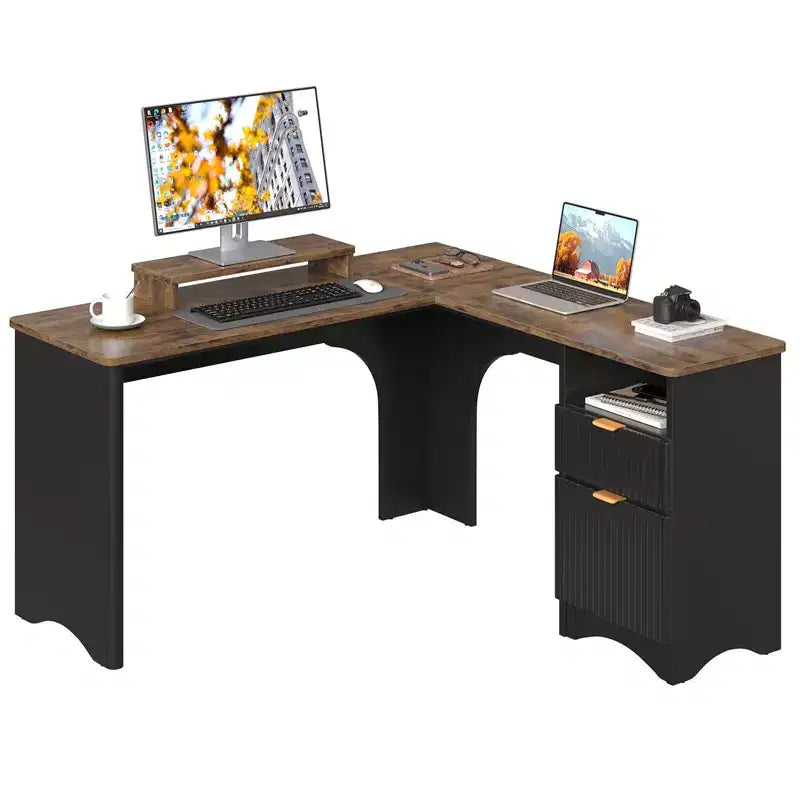 Bureau d'angle en L de 55 pouces avec tiroirs, bureau d'ordinateur de bureau avec coins arrondis, support d'écran et panneaux cannelés, blanc et noyer