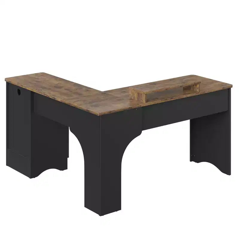 Bureau d'angle en L de 55 pouces avec tiroirs, bureau d'ordinateur de bureau avec coins arrondis, support d'écran et panneaux cannelés, blanc et noyer