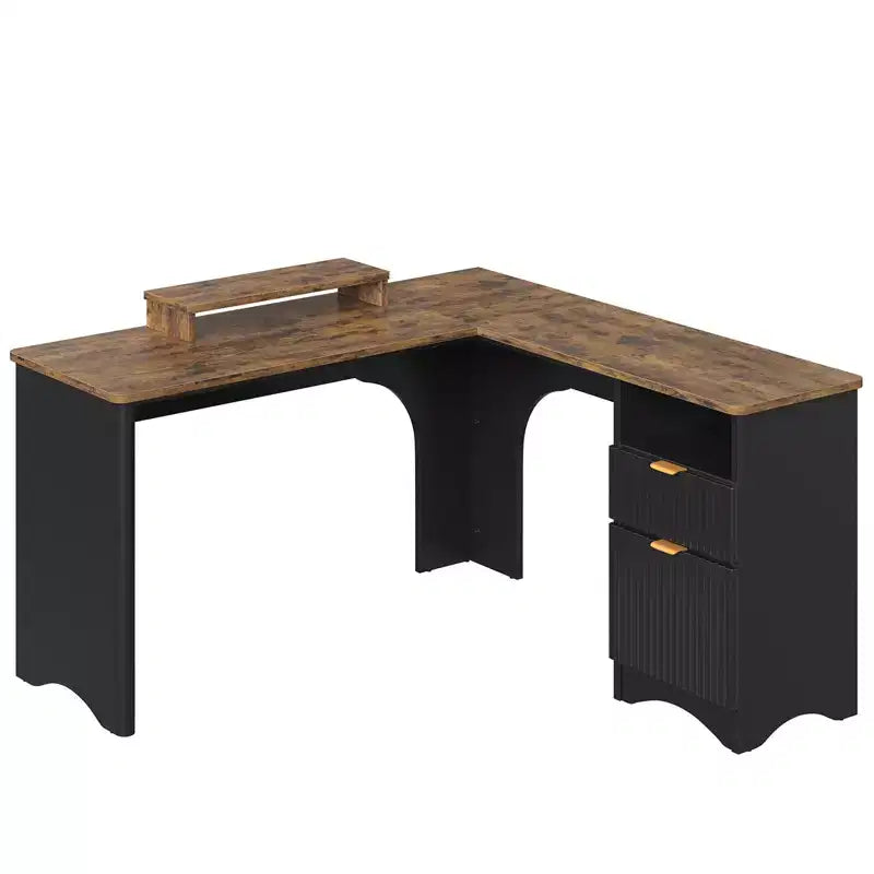 Bureau d'angle en L de 55 pouces avec tiroirs, bureau d'ordinateur de bureau avec coins arrondis, support d'écran et panneaux cannelés, blanc et noyer