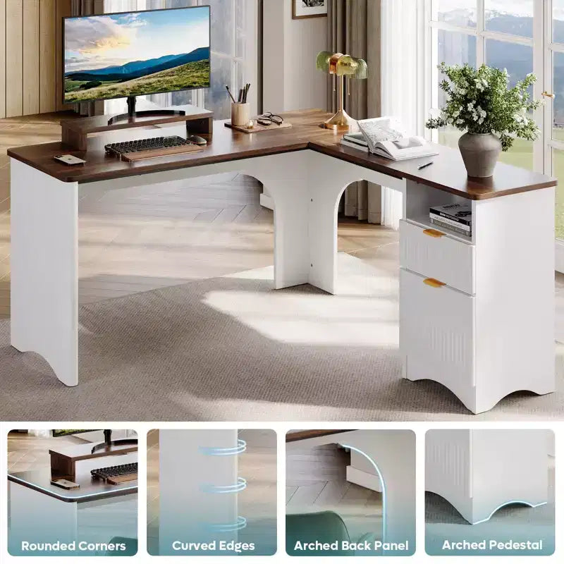 Bureau d'angle en L de 55 pouces avec tiroirs, bureau d'ordinateur de bureau avec coins arrondis, support d'écran et panneaux cannelés, blanc et noyer