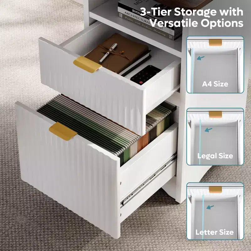 Bureau d'angle en L de 55 pouces avec tiroirs, bureau d'ordinateur de bureau avec coins arrondis, support d'écran et panneaux cannelés, blanc et noyer