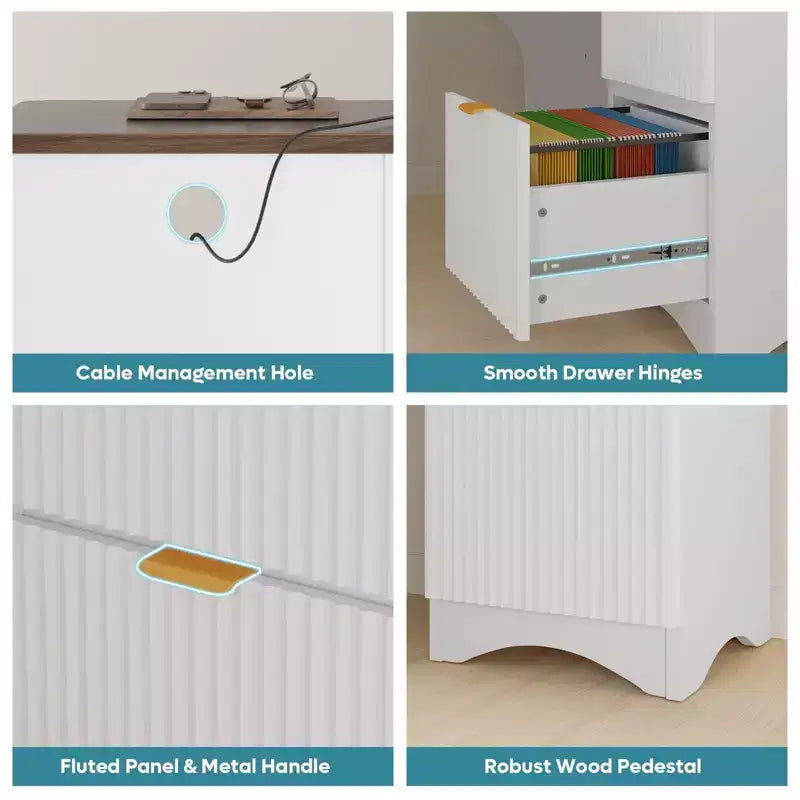 Bureau d'angle en L de 55 pouces avec tiroirs, bureau d'ordinateur de bureau avec coins arrondis, support d'écran et panneaux cannelés, blanc et noyer