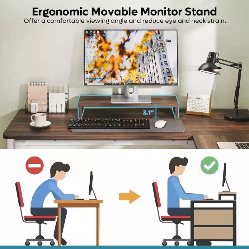 Bureau d'angle en L de 55 pouces avec tiroirs, bureau d'ordinateur de bureau avec coins arrondis, support d'écran et panneaux cannelés, blanc et noyer