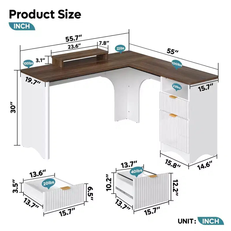 Bureau d'angle en L de 55 pouces avec tiroirs, bureau d'ordinateur de bureau avec coins arrondis, support d'écran et panneaux cannelés, blanc et noyer