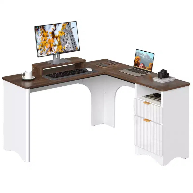 Bureau d'angle en L de 55 pouces avec tiroirs, bureau d'ordinateur de bureau avec coins arrondis, support d'écran et panneaux cannelés, blanc et noyer