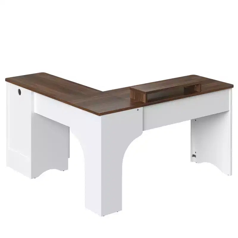 Bureau d'angle en L de 55 pouces avec tiroirs, bureau d'ordinateur de bureau avec coins arrondis, support d'écran et panneaux cannelés, blanc et noyer