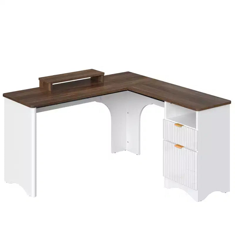 Bureau d'angle en L de 55 pouces avec tiroirs, bureau d'ordinateur de bureau avec coins arrondis, support d'écran et panneaux cannelés, blanc et noyer