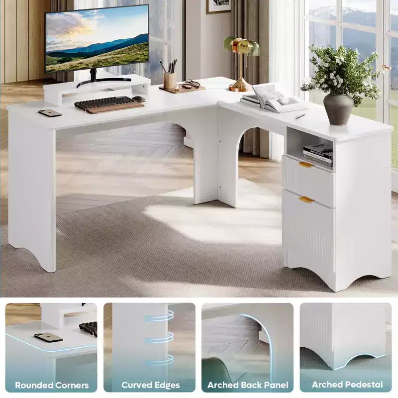 Bureau d'angle en L de 55 pouces avec tiroirs, bureau d'ordinateur de bureau avec coins arrondis, support d'écran et panneaux cannelés, blanc et noyer