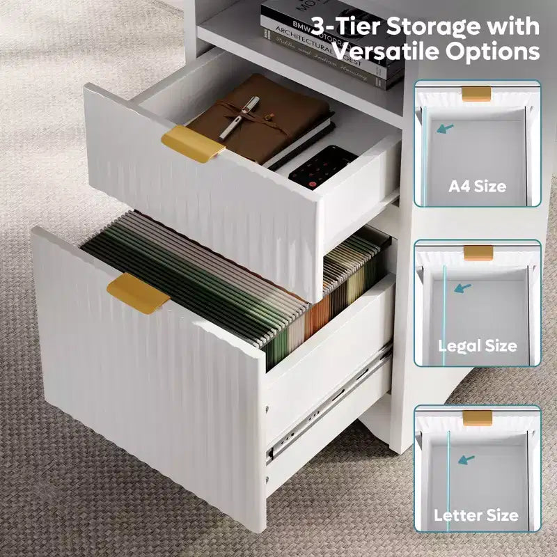 Bureau d'angle en L de 55 pouces avec tiroirs, bureau d'ordinateur de bureau avec coins arrondis, support d'écran et panneaux cannelés, blanc et noyer