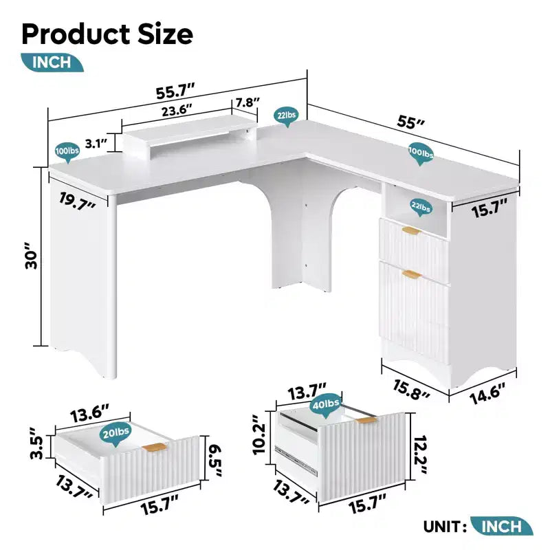 Bureau d'angle en L de 55 pouces avec tiroirs, bureau d'ordinateur de bureau avec coins arrondis, support d'écran et panneaux cannelés, blanc et noyer