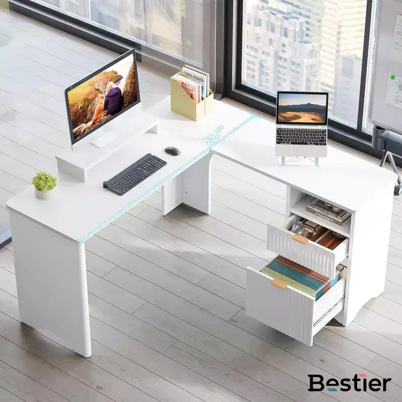 Bureau d'angle en L de 55 pouces avec tiroirs, bureau d'ordinateur de bureau avec coins arrondis, support d'écran et panneaux cannelés, blanc et noyer