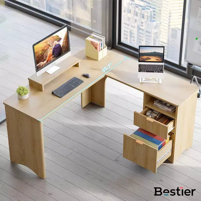 Bureau d'angle en L de 55 pouces avec tiroirs, bureau d'ordinateur de bureau avec coins arrondis, support d'écran et panneaux cannelés, blanc et noyer