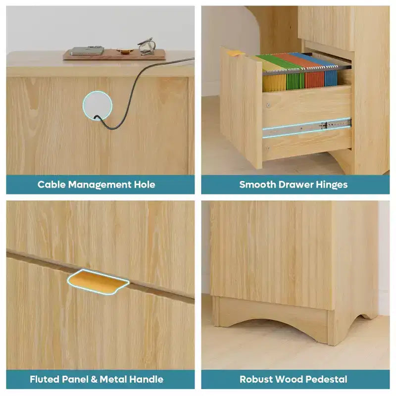 Bureau d'angle en L de 55 pouces avec tiroirs, bureau d'ordinateur de bureau avec coins arrondis, support d'écran et panneaux cannelés, blanc et noyer