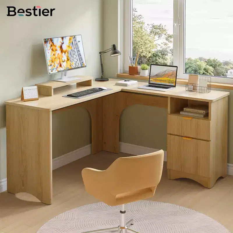 Bureau d'angle en L de 55 pouces avec tiroirs, bureau d'ordinateur de bureau avec coins arrondis, support d'écran et panneaux cannelés, blanc et noyer