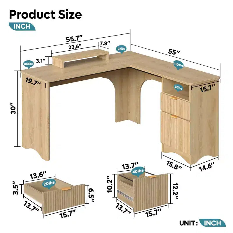 Bureau d'angle en L de 55 pouces avec tiroirs, bureau d'ordinateur de bureau avec coins arrondis, support d'écran et panneaux cannelés, blanc et noyer