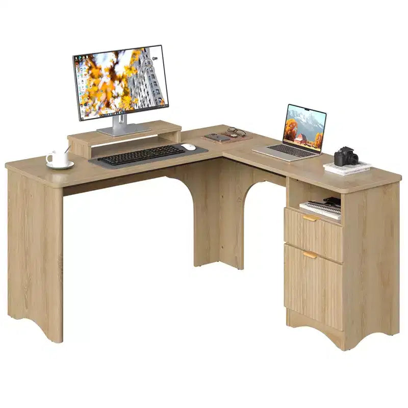 Bureau d'angle en L de 55 pouces avec tiroirs, bureau d'ordinateur de bureau avec coins arrondis, support d'écran et panneaux cannelés, blanc et noyer
