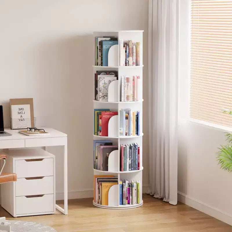 Étagère à Livres Pivotante, Organiseur Vertical Rotatif à 360°, Tour Ronde Gain de Place, Blanc