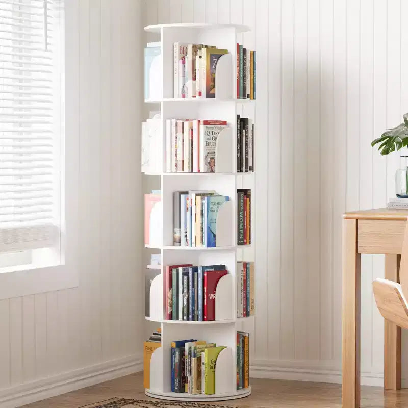Étagère à Livres Pivotante, Organiseur Vertical Rotatif à 360°, Tour Ronde Gain de Place, Blanc