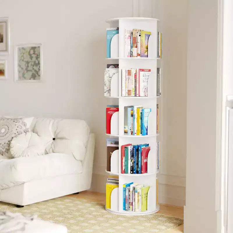 Étagère à Livres Pivotante, Organiseur Vertical Rotatif à 360°, Tour Ronde Gain de Place, Blanc