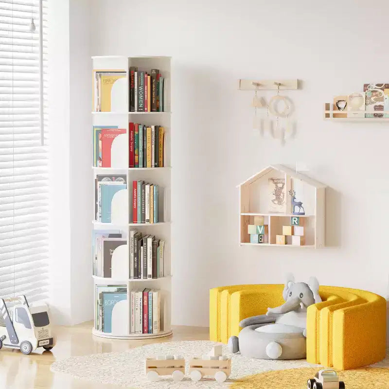 Étagère à Livres Pivotante, Organiseur Vertical Rotatif à 360°, Tour Ronde Gain de Place, Blanc