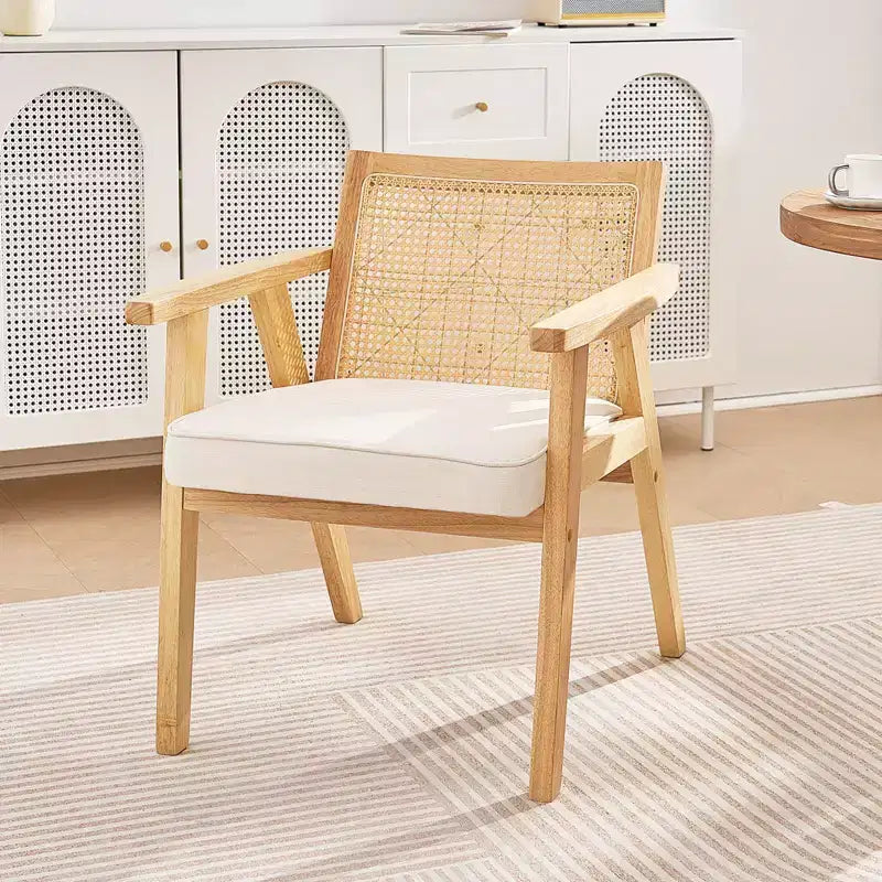 Fauteuil en rotin style Mid-Century Modern, fauteuil d'appoint en velours capitonné avec dossier en rotin, fauteuil rétro pour salon, chambre à coucher, beige