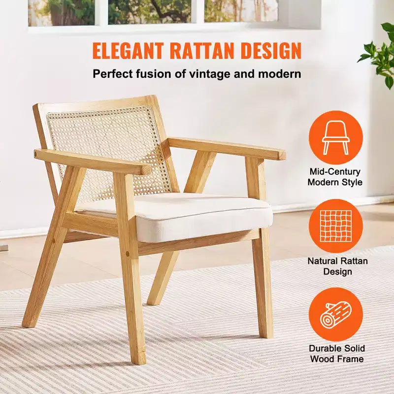 Fauteuil en rotin style Mid-Century Modern, fauteuil d'appoint en velours capitonné avec dossier en rotin, fauteuil rétro pour salon, chambre à coucher, beige