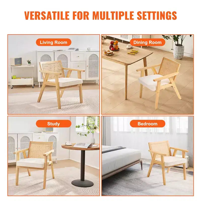 Fauteuil en rotin style Mid-Century Modern, fauteuil d'appoint en velours capitonné avec dossier en rotin, fauteuil rétro pour salon, chambre à coucher, beige