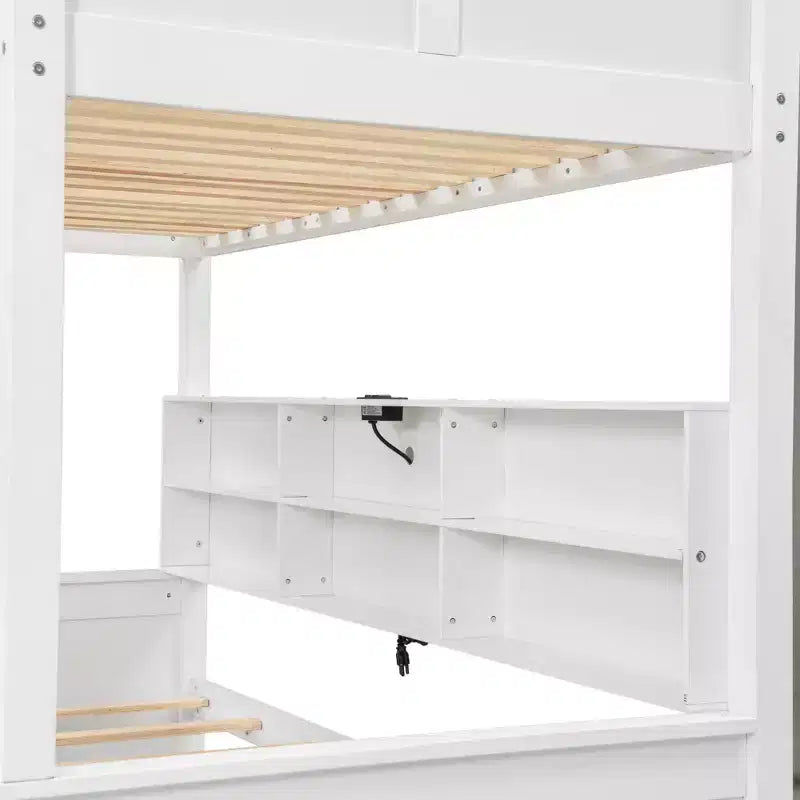 Lit superposé Twin XL/Full XL sur Queen avec armoires de rangement et ports USB, construction robuste en bois de pin